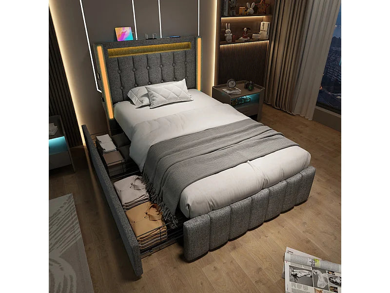 Lit Coffre 90x200 Tissu Lin Gris Capitonné avec Chevets, Matelas, LED, Tiroirs et Port USB — vue 3
