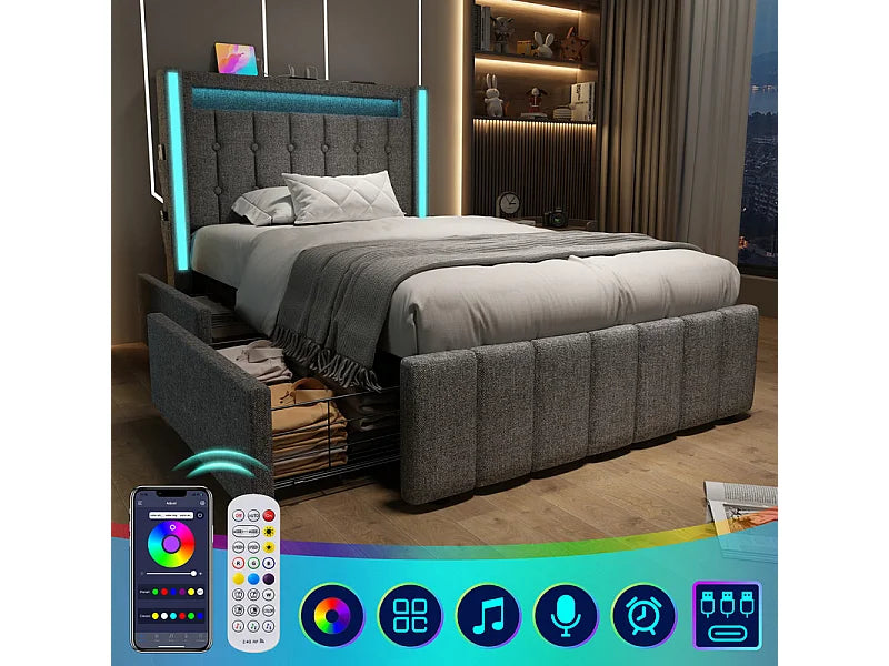 Lit Coffre 90x200 Tissu Lin Gris Capitonné avec Chevets, Matelas, LED, Tiroirs et Port USB — vue 10