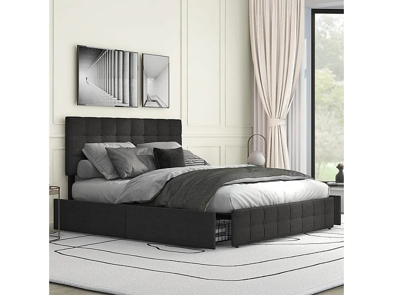 Lit Coffre 140x200 Tissu Lin Noir avec Chevets et Tiroirs