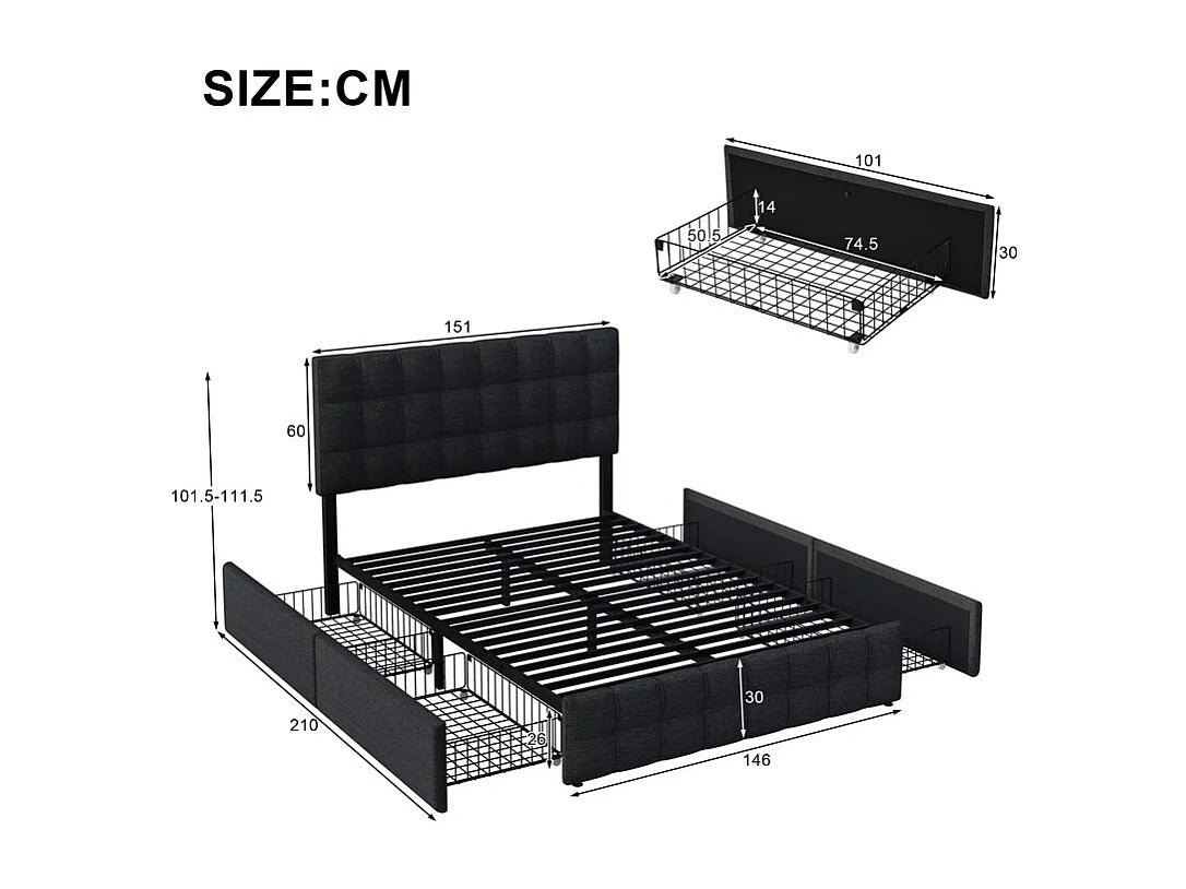 Lit Coffre 140x200 Tissu Lin Noir avec Chevets et Tiroirs — vue 8