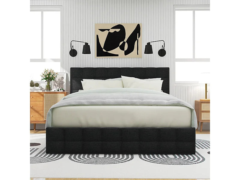 Lit Coffre 140x200 Tissu Lin Noir avec Chevets et Tiroirs — vue 3