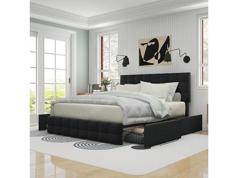 Lit Coffre 140x200 Tissu Lin Noir avec Chevets et Tiroirs — vue 9