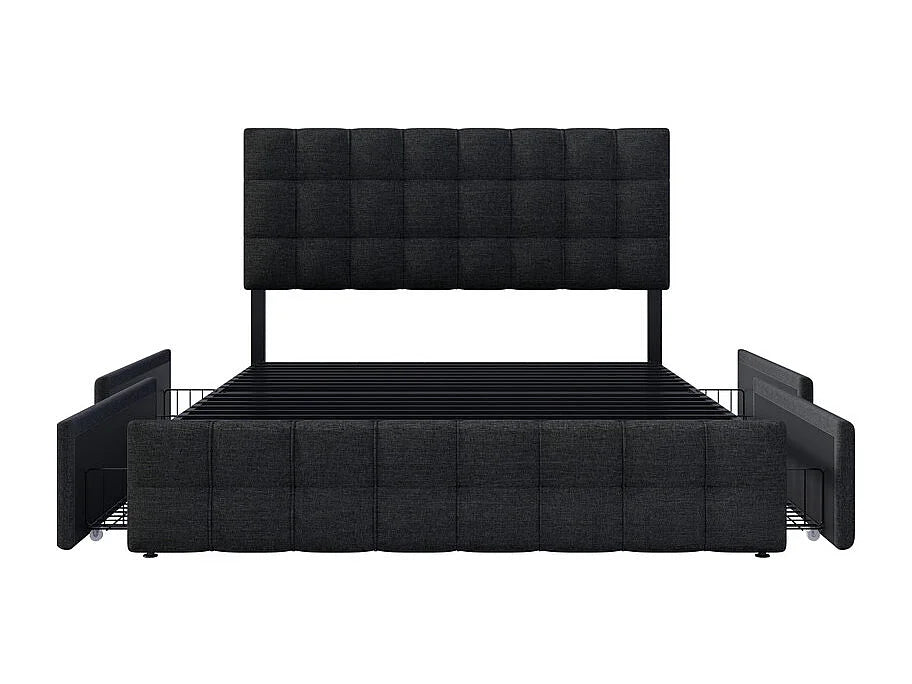 Lit Coffre 140x200 Tissu Lin Noir avec Chevets et Tiroirs — vue 6
