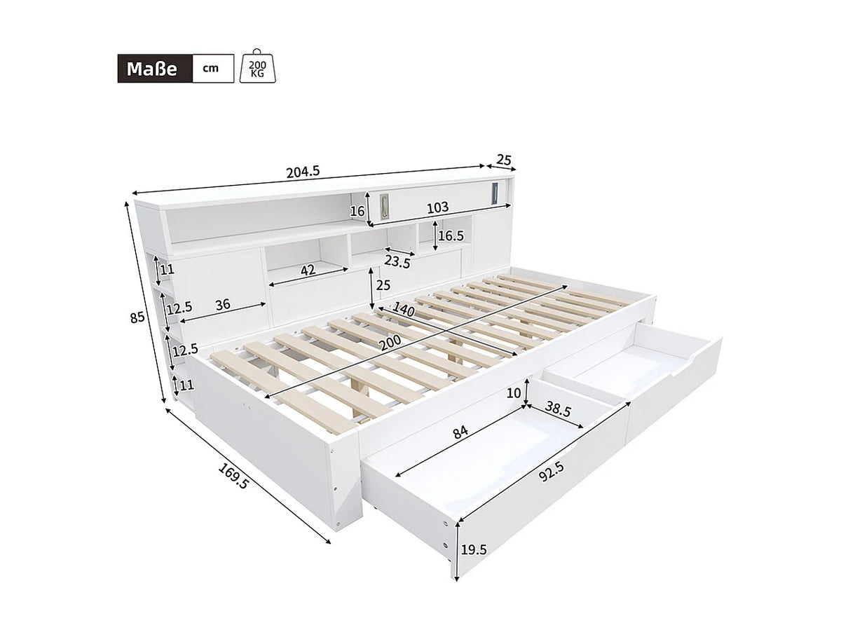 Lit Coffre 140x200 Bois Blanc avec Tiroirs — vue 7