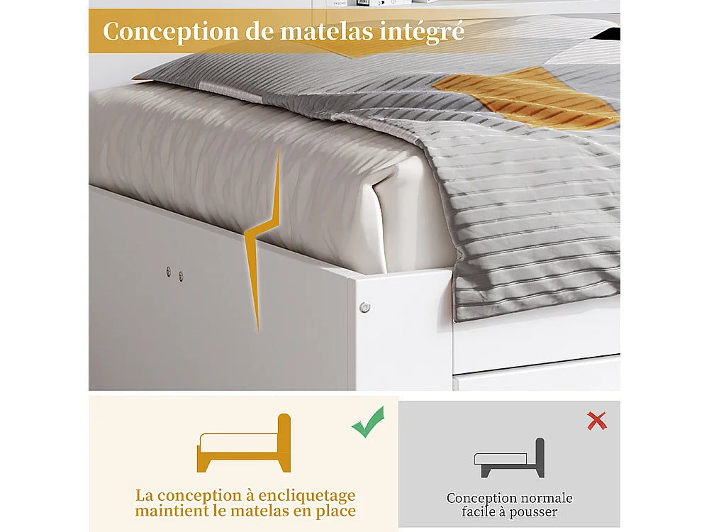Lit Coffre 140x200 Bois Blanc avec Tiroirs — vue 8