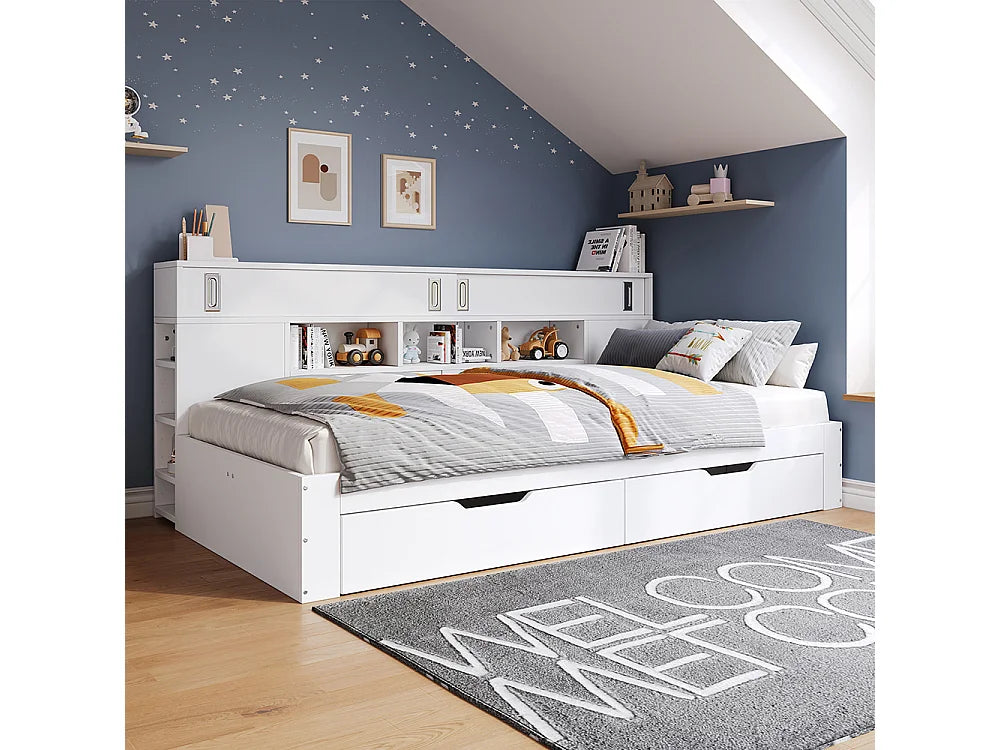 Lit Coffre 140x200 Bois Blanc avec Tiroirs — vue 3