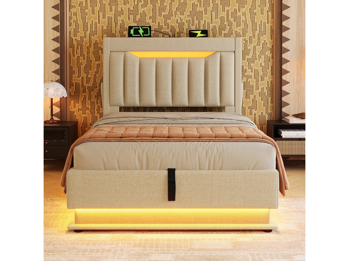 Lit Coffre 90x200 Tissu Lin Beige Capitonné avec LED et Port USB — vue 2