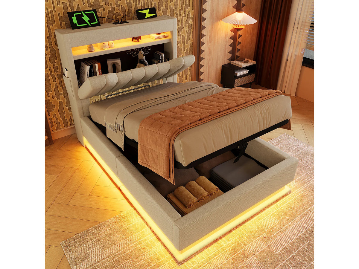 Lit Coffre 90x200 Tissu Lin Beige Capitonné avec LED et Port USB — vue 3