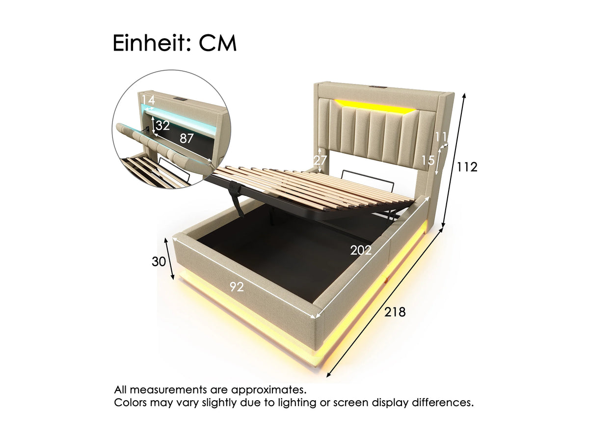Lit Coffre 90x200 Tissu Lin Beige Capitonné avec LED et Port USB — vue 8