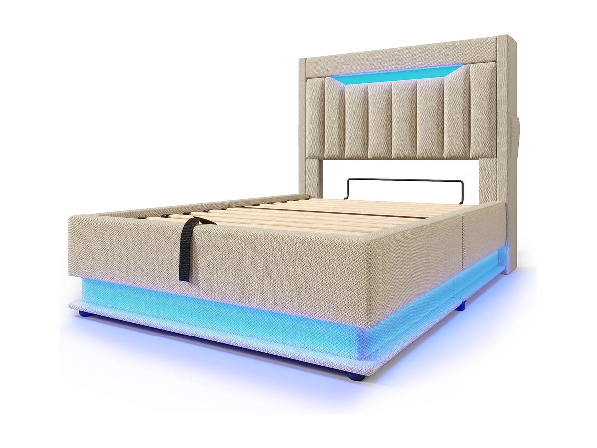 Lit Coffre 90x200 Tissu Lin Beige Capitonné avec LED et Port USB — vue 10