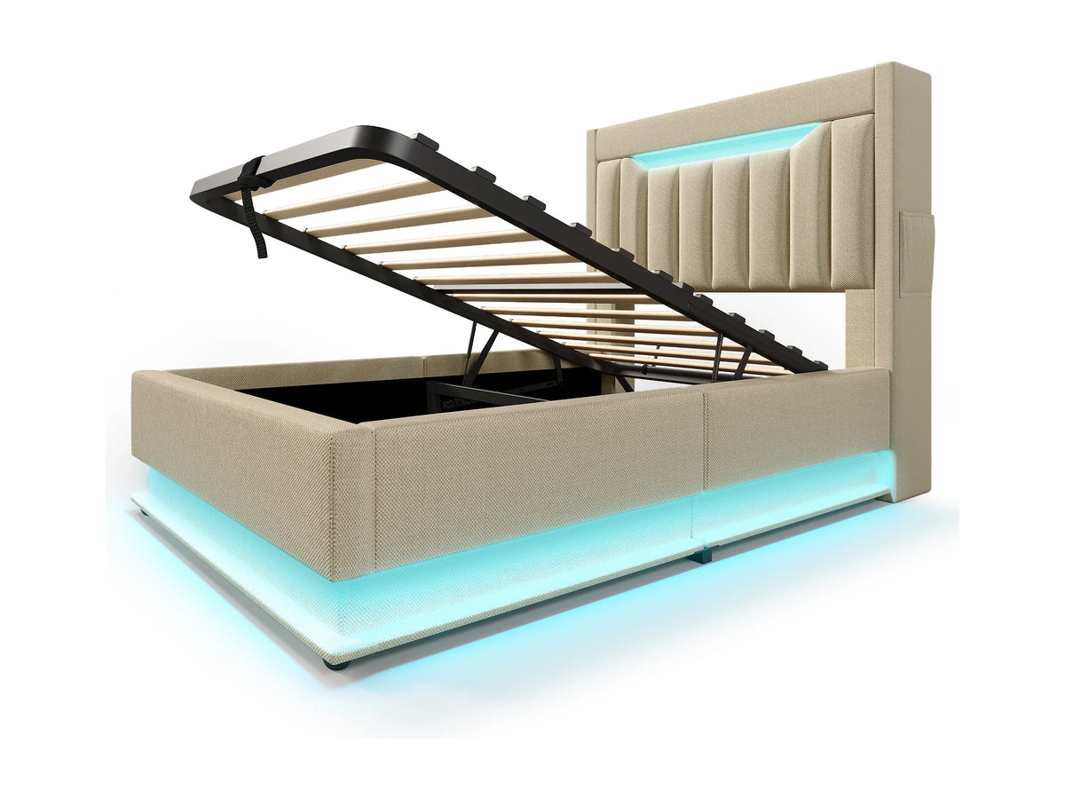 Lit Coffre 90x200 Tissu Lin Beige Capitonné avec LED et Port USB — vue 5
