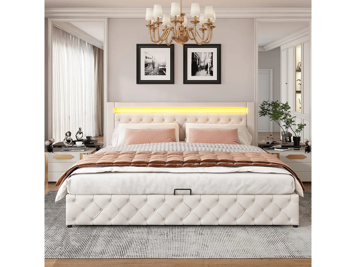 Lit Coffre 180x200 Simili Cuir Blanc avec LED