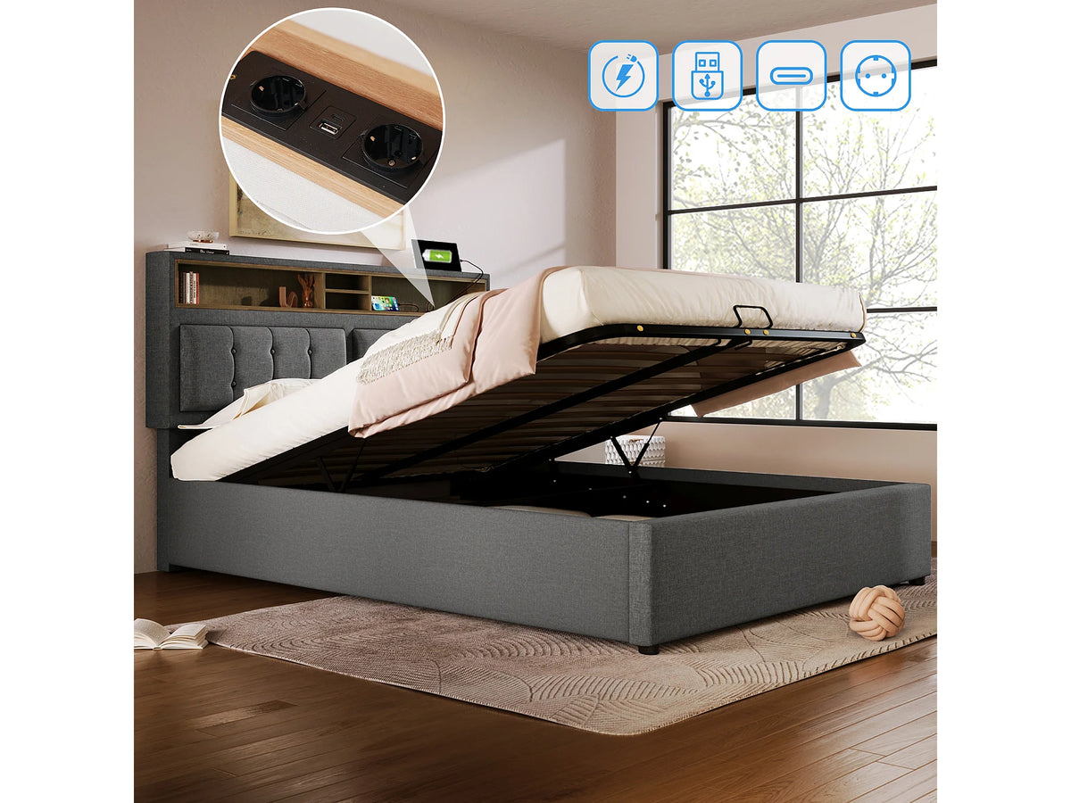 Lit Coffre 160x200 Tissu Lin Gris Capitonné avec Matelas et Port USB — vue 2