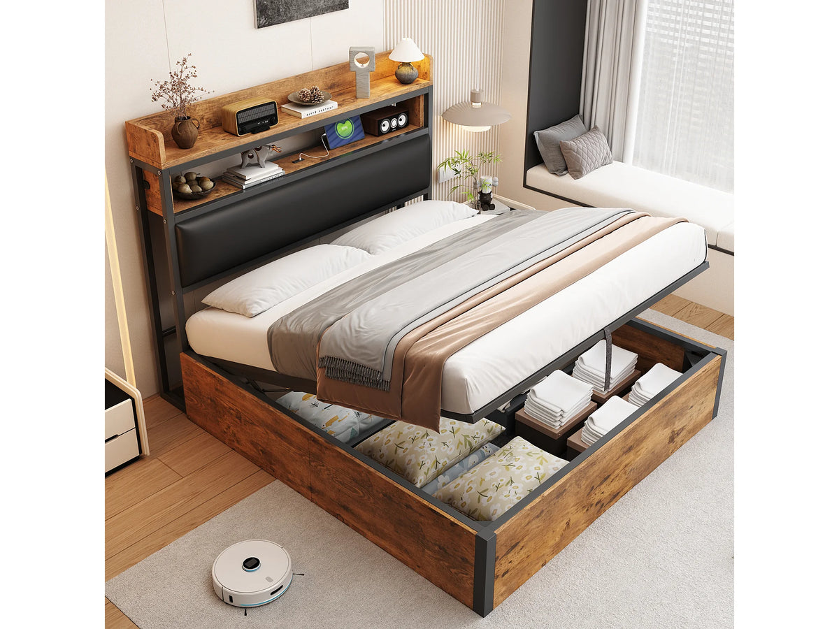 Lit Coffre 140x200 Tissu Noir avec Port USB