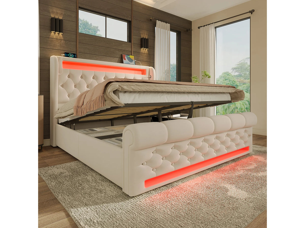 Lit Coffre 140x200 Velours Beige Capitonné avec LED et Port USB