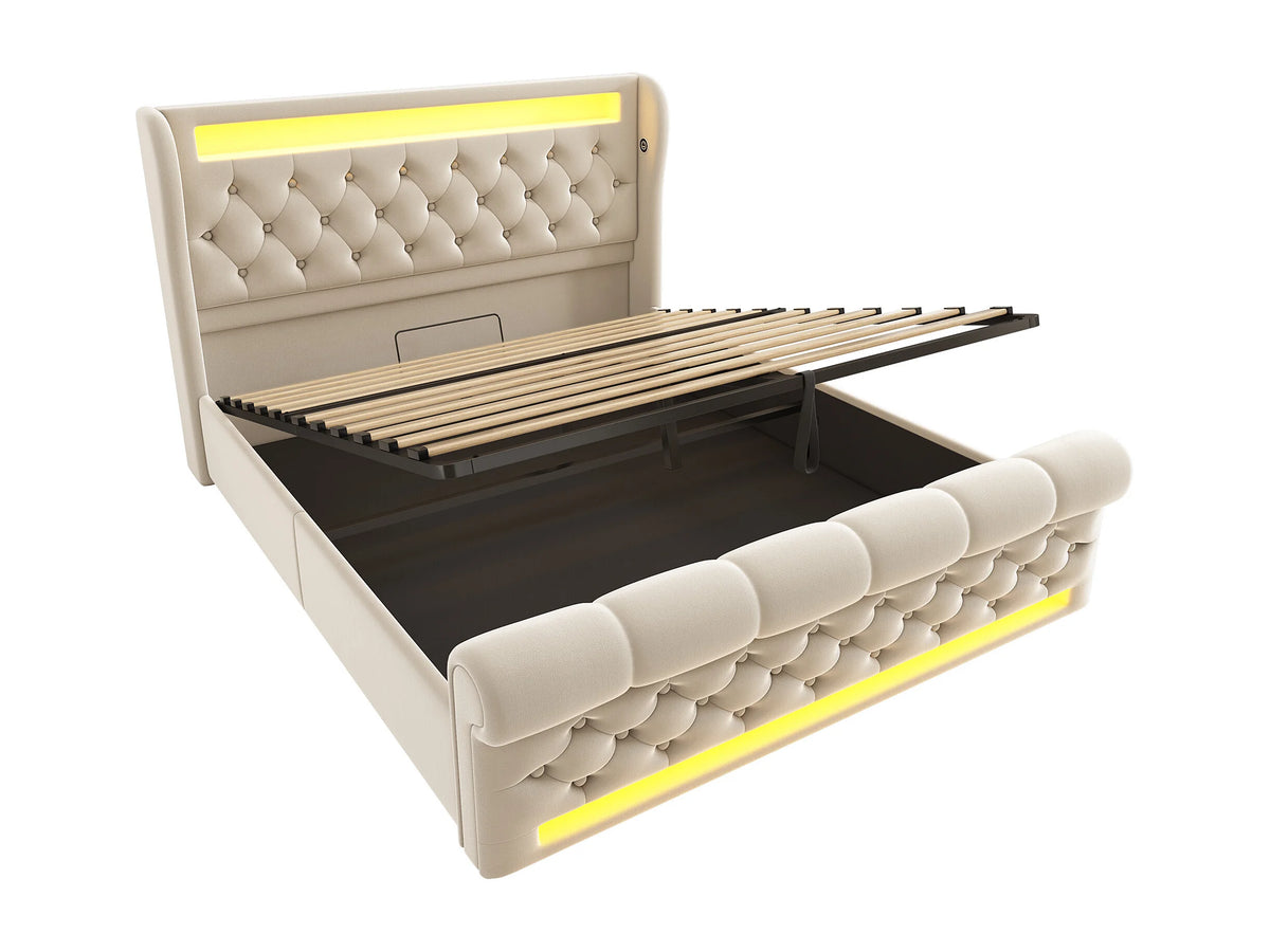 Lit Coffre 140x200 Velours Beige Capitonné avec LED et Port USB — vue 10