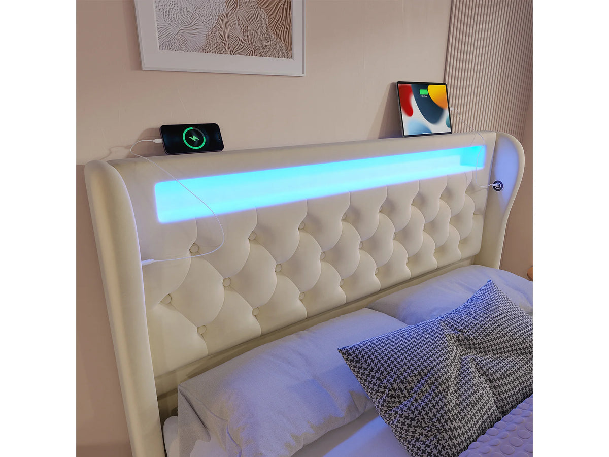 Lit Coffre 140x200 Velours Beige Capitonné avec LED et Port USB — vue 8