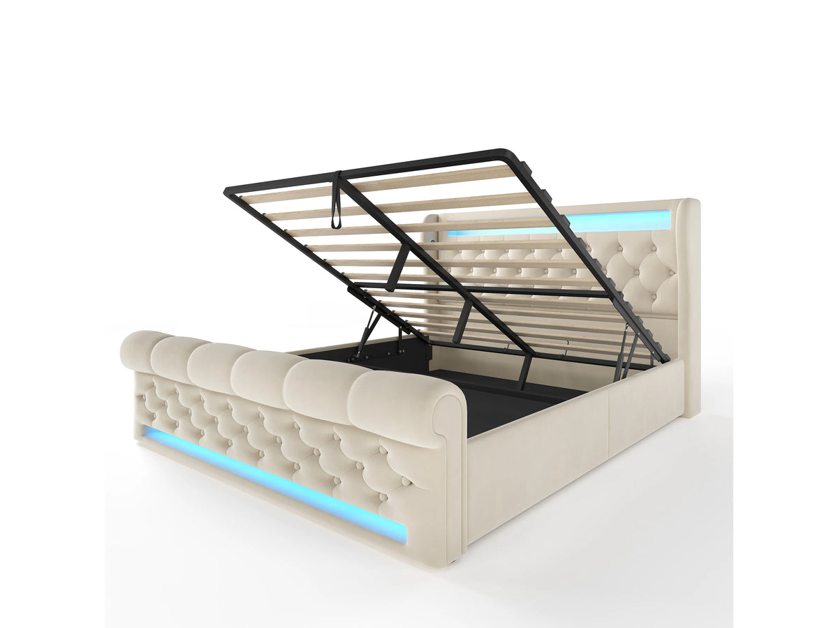 Lit Coffre 140x200 Velours Beige Capitonné avec LED et Port USB — vue 4
