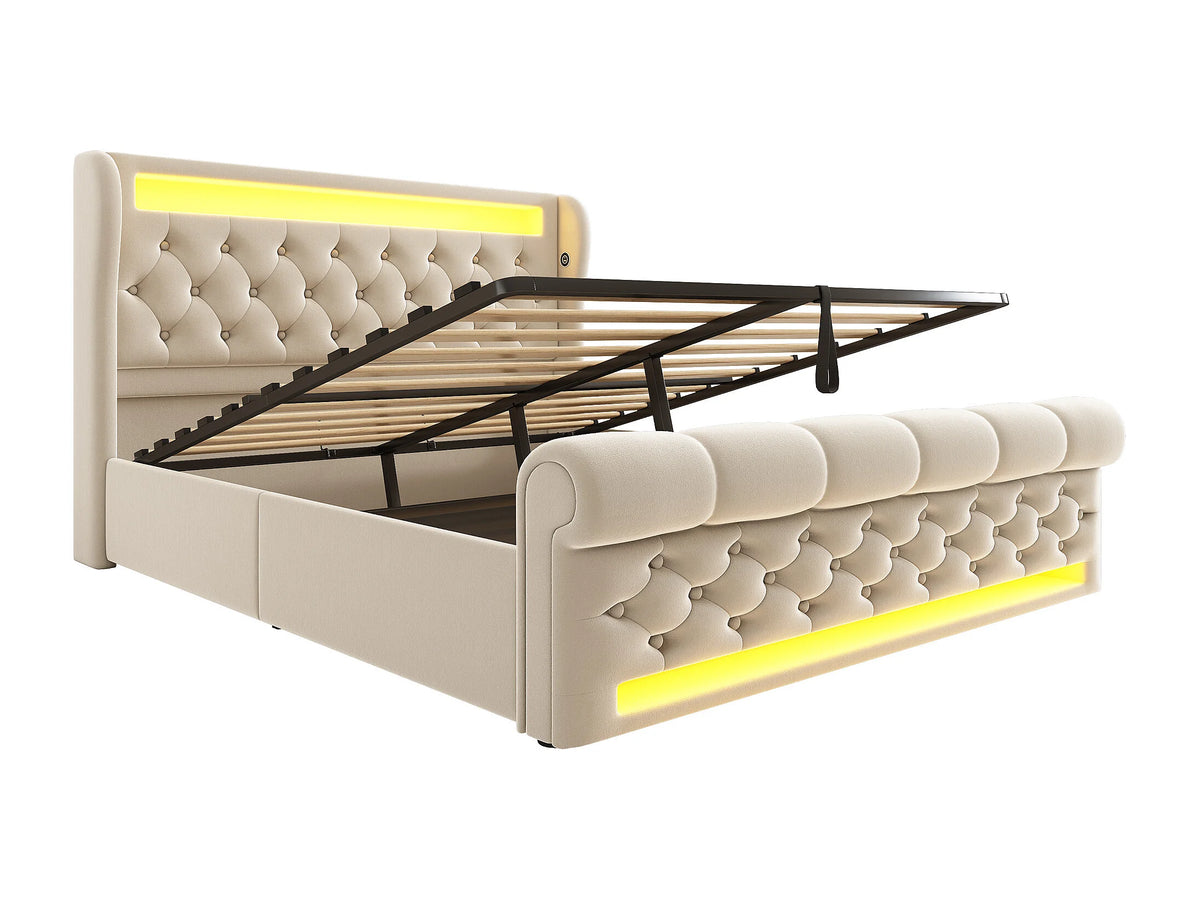 Lit Coffre 140x200 Velours Beige Capitonné avec LED et Port USB — vue 5