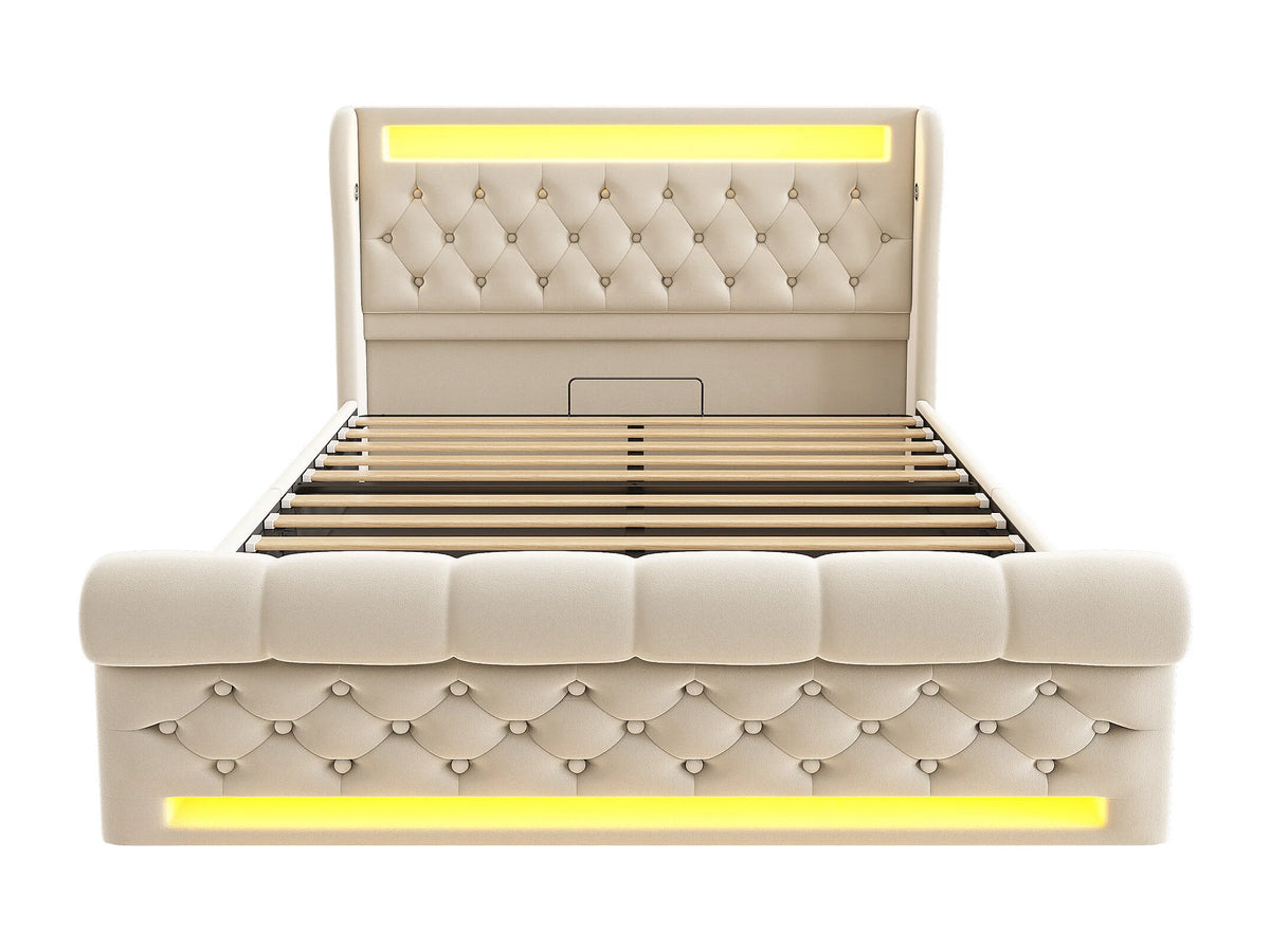Lit Coffre 140x200 Velours Beige Capitonné avec LED et Port USB — vue 6