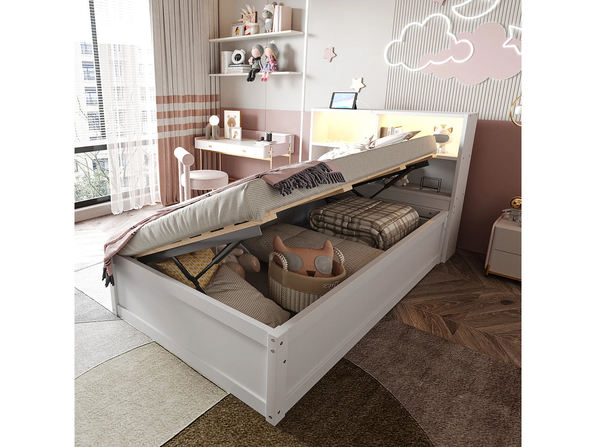 Lit Coffre 90x200 Bois Blanc avec LED