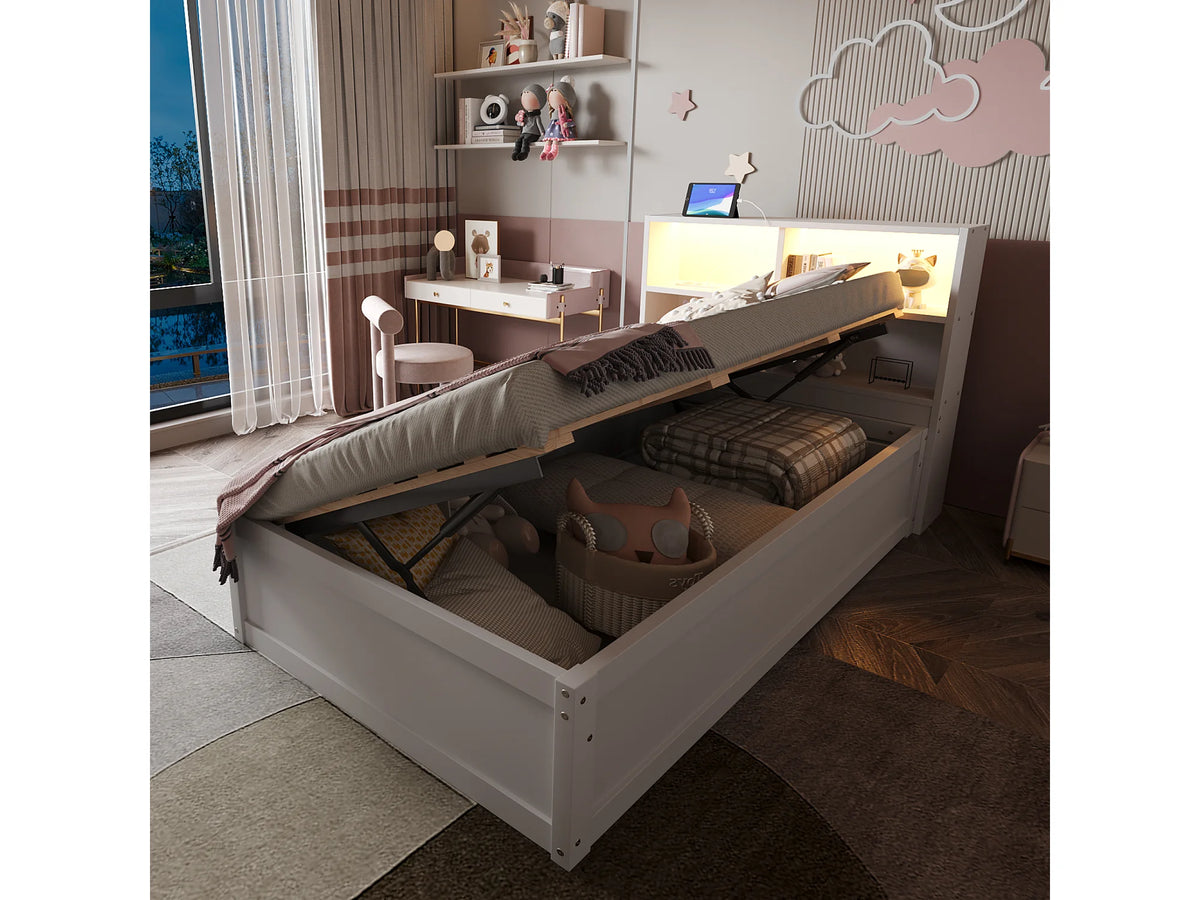 Lit Coffre 90x200 Bois Blanc avec LED — vue 3