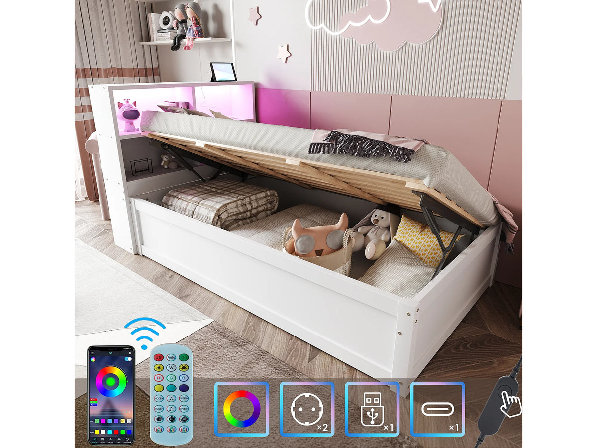 Lit Coffre 90x200 Bois Blanc avec LED — vue 4