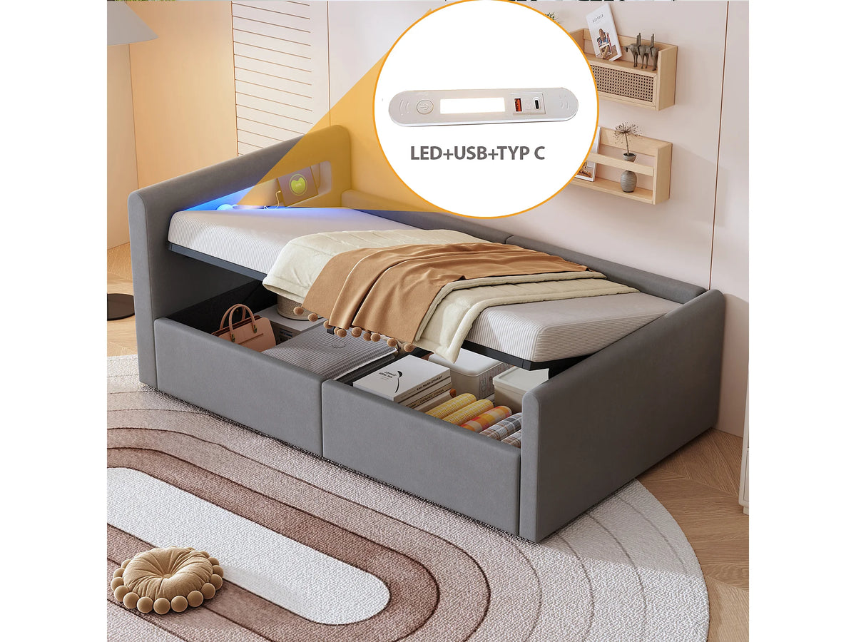 Lit Coffre 90x200 Velours Gris clair avec LED et Port USB — vue 2