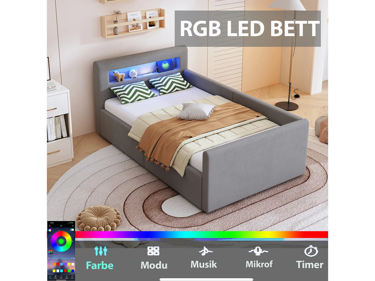Lit Coffre 90x200 Velours Gris clair avec LED et Port USB — vue 6