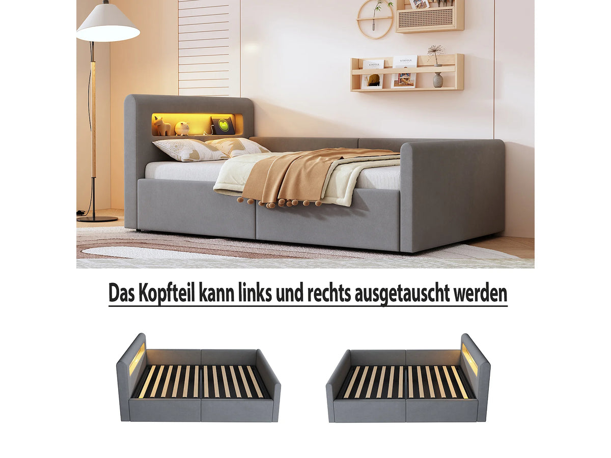 Lit Coffre 90x200 Velours Gris clair avec LED et Port USB — vue 8