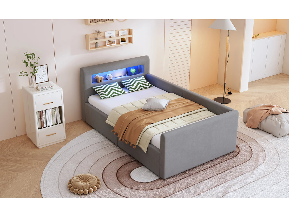 Lit Coffre 90x200 Velours Gris clair avec LED et Port USB — vue 10
