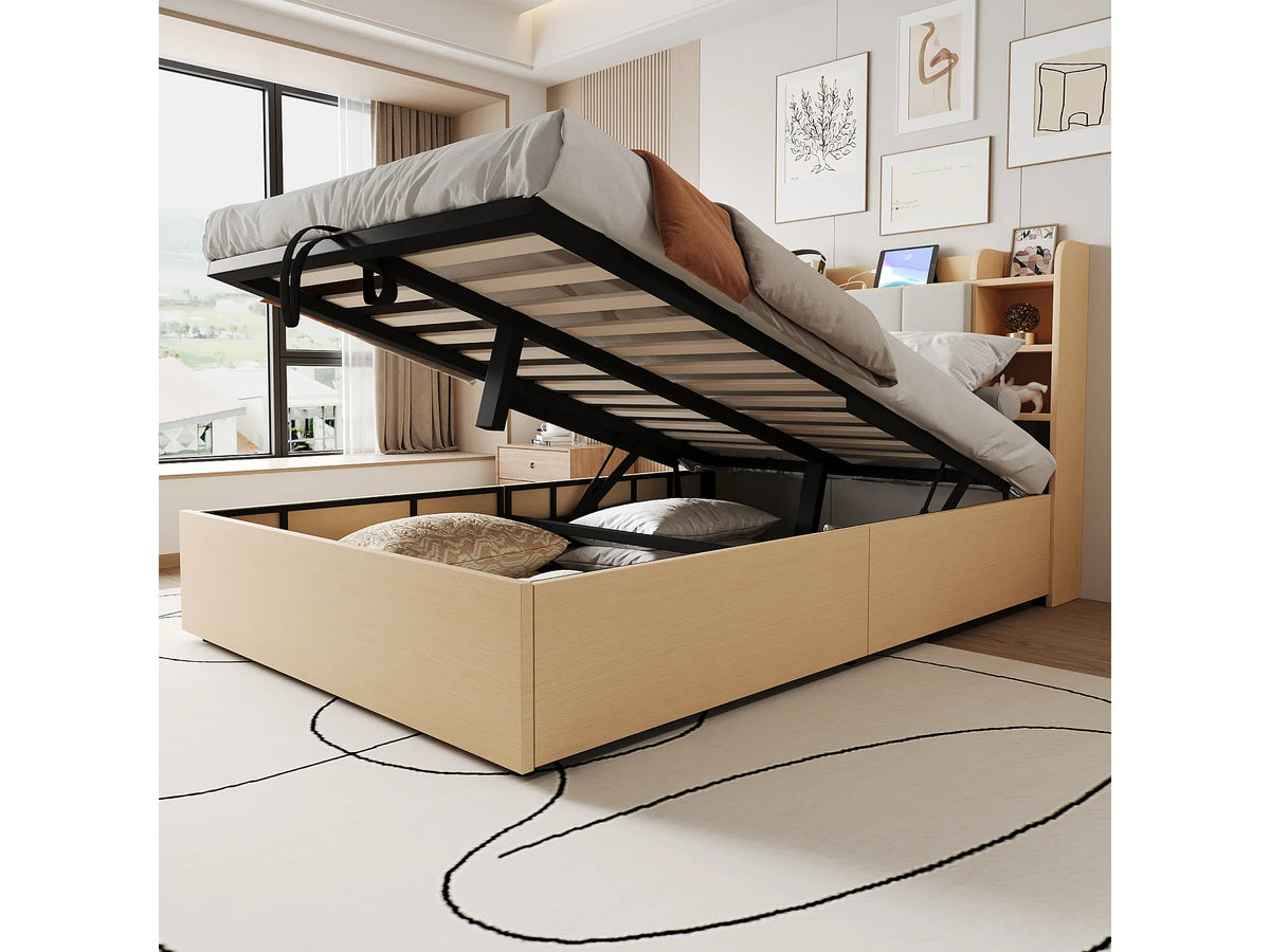 Lit Coffre 140x200 Bois Naturel clair avec Port USB — vue 3