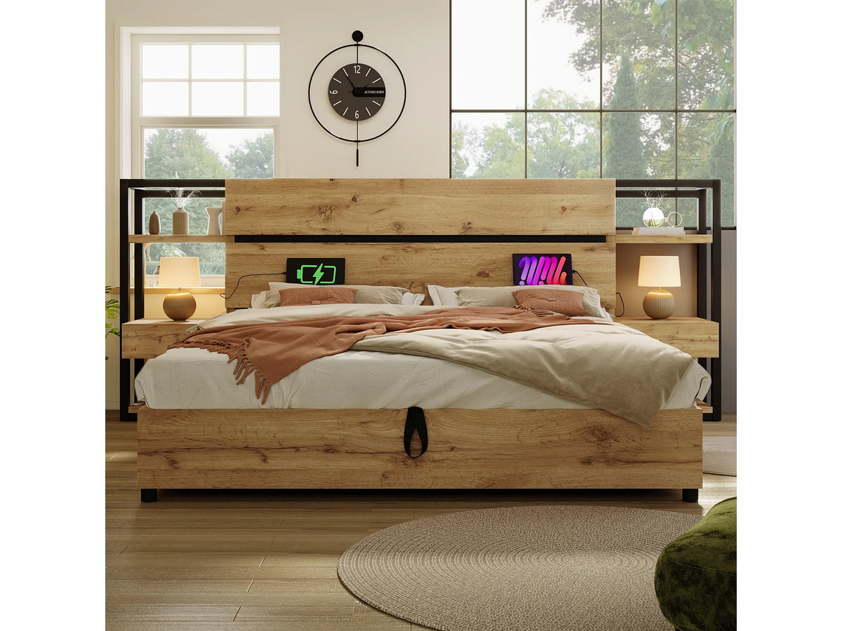 Lit Coffre 160x200 Bois Naturel clair avec Tiroirs et Port USB — vue 2