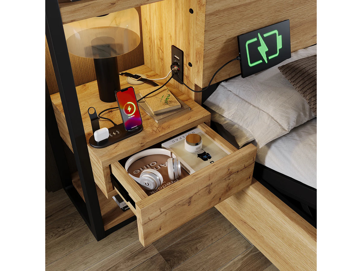 Lit Coffre 160x200 Bois Naturel clair avec Tiroirs et Port USB — vue 7