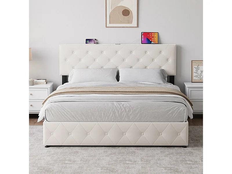 Lit Coffre 140x200 Velours Beige avec Chevets, Tiroirs et Port USB — vue 4