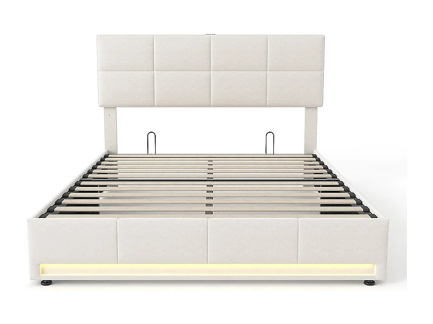 Lit Coffre 160x200 Velours Beige avec Chevets, LED et Port USB — vue 3