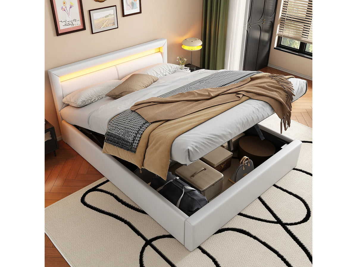 Lit Coffre 140x200 Simili Cuir Blanc Capitonné avec LED