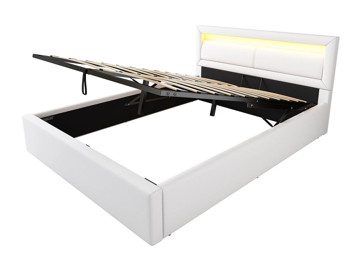 Lit Coffre 140x200 Simili Cuir Blanc Capitonné avec LED — vue 10