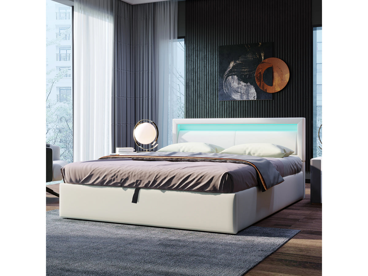 Lit Coffre 140x200 Simili Cuir Blanc Capitonné avec LED — vue 2