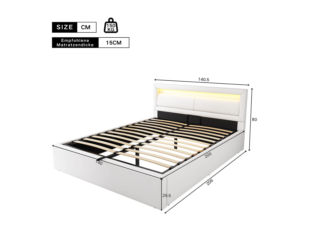 Lit Coffre 140x200 Simili Cuir Blanc Capitonné avec LED — vue 8