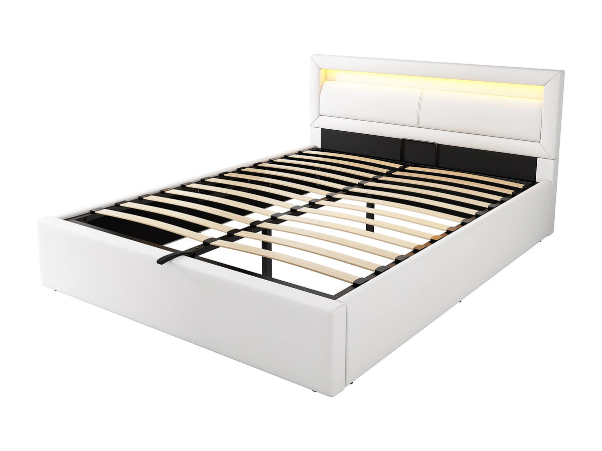Lit Coffre 140x200 Simili Cuir Blanc Capitonné avec LED — vue 5