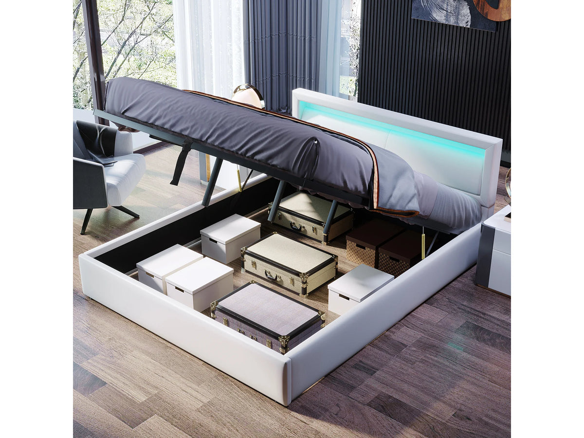 Lit Coffre 140x200 Simili Cuir Blanc Capitonné avec LED — vue 3