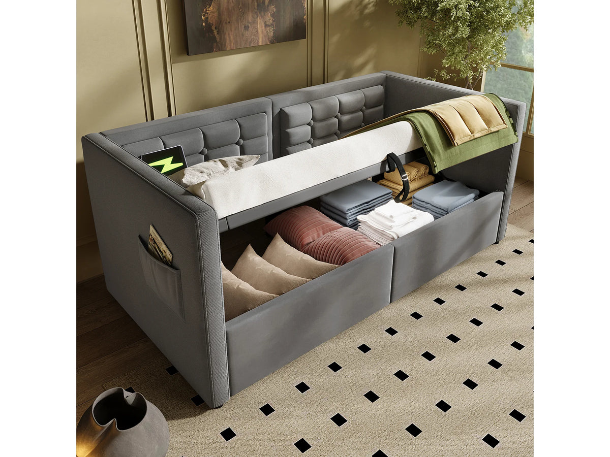 Lit Coffre 90x200 Velours Gris avec Port USB
