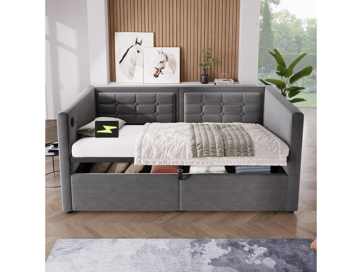 Lit Coffre 90x200 Velours Gris avec Port USB — vue 2