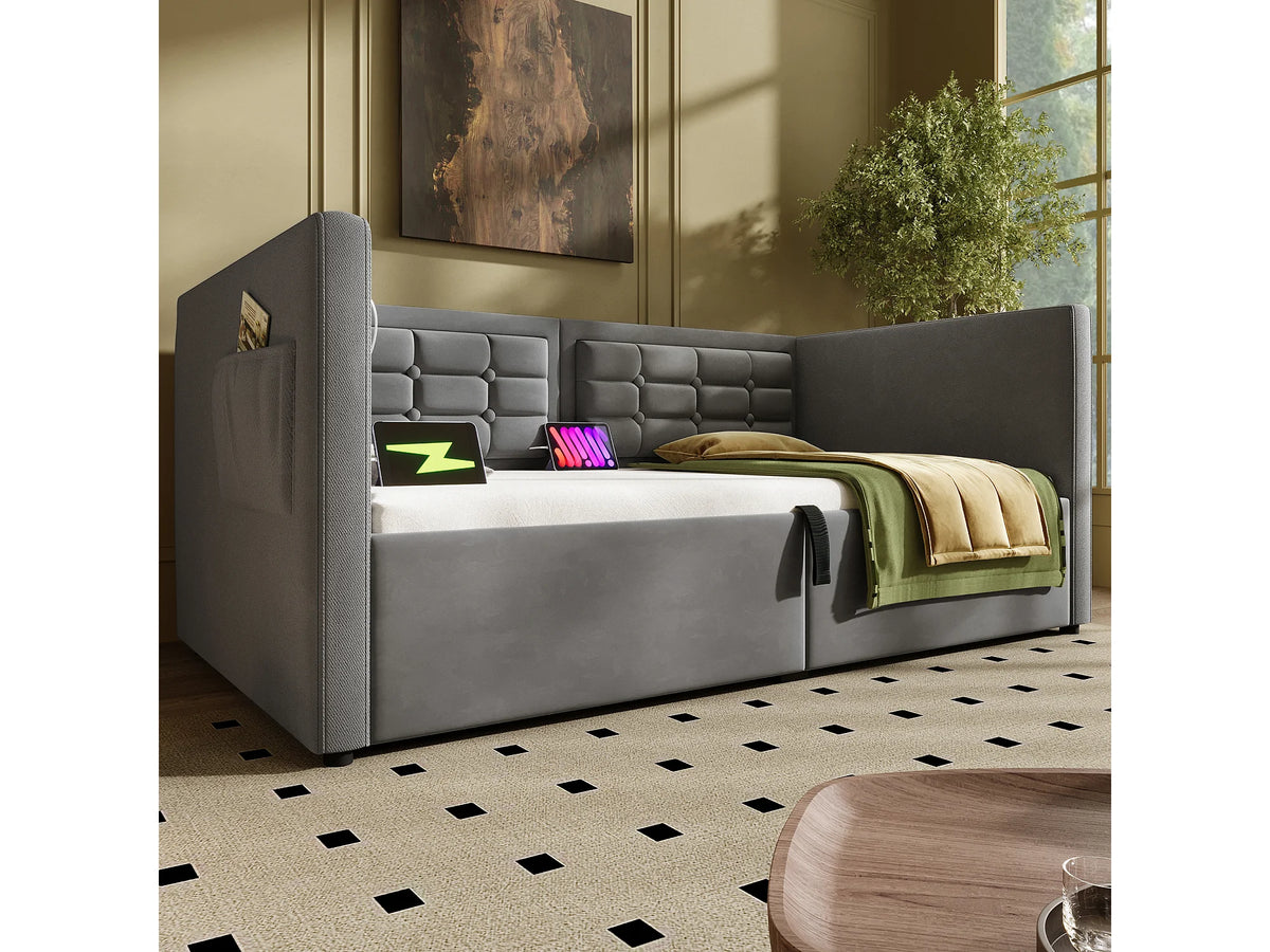 Lit Coffre 90x200 Velours Gris avec Port USB — vue 3