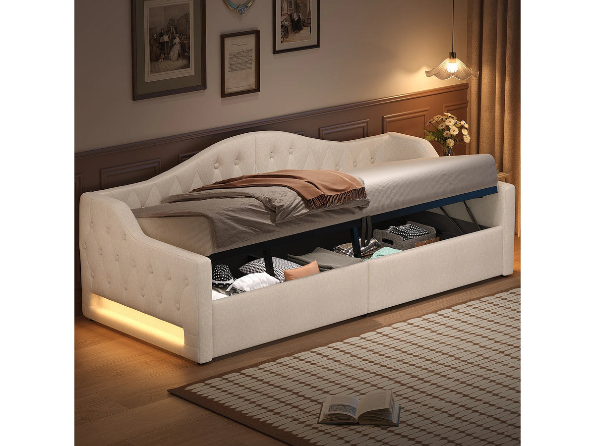 Lit Coffre 90x200 Tissu Lin Beige avec LED
