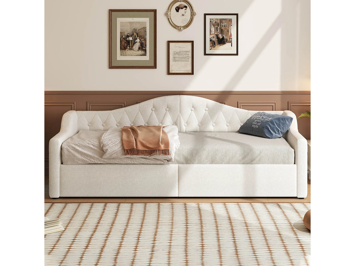 Lit Coffre 90x200 Tissu Lin Beige avec LED — vue 2
