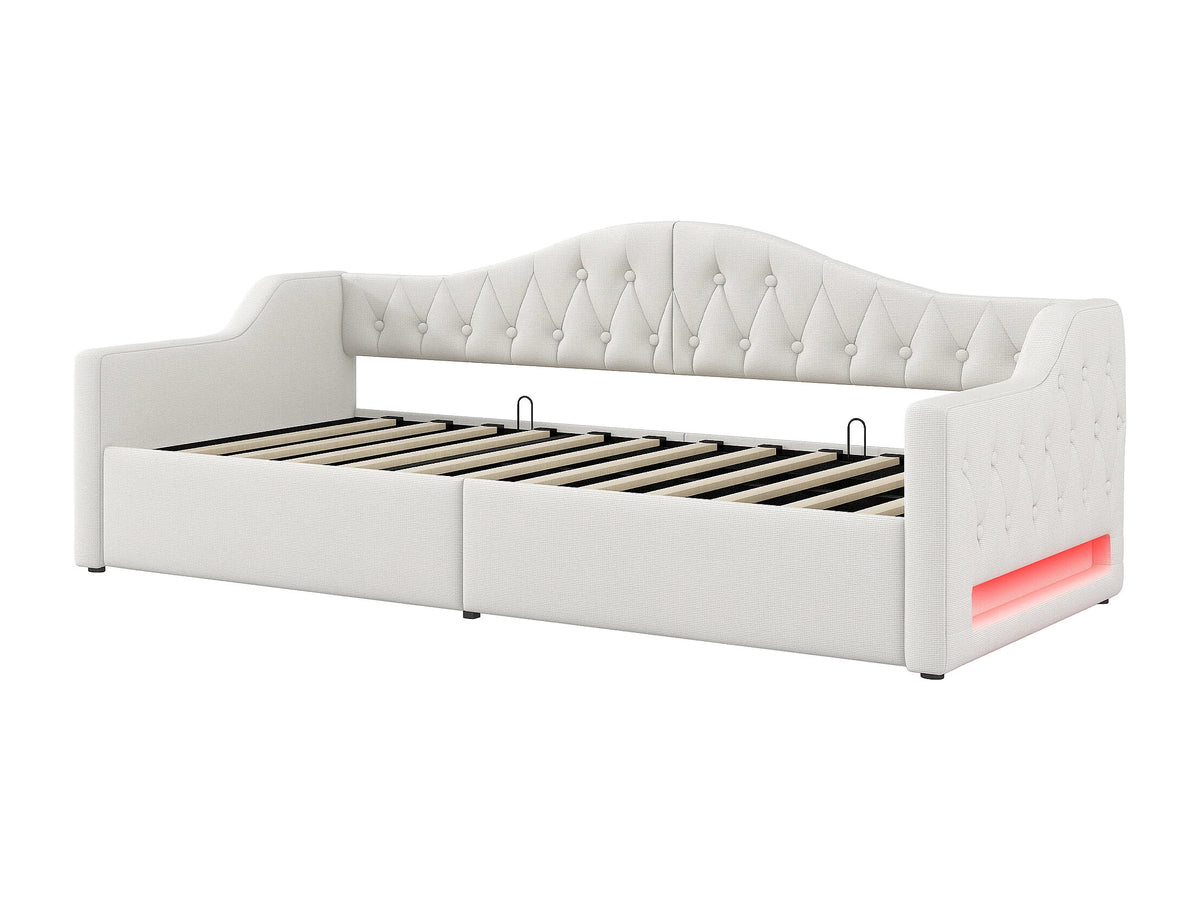 Lit Coffre 90x200 Tissu Lin Beige avec LED — vue 6