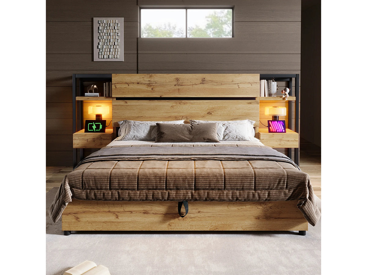Lit Coffre 180x200 Bois Marron avec Tiroirs et Port USB