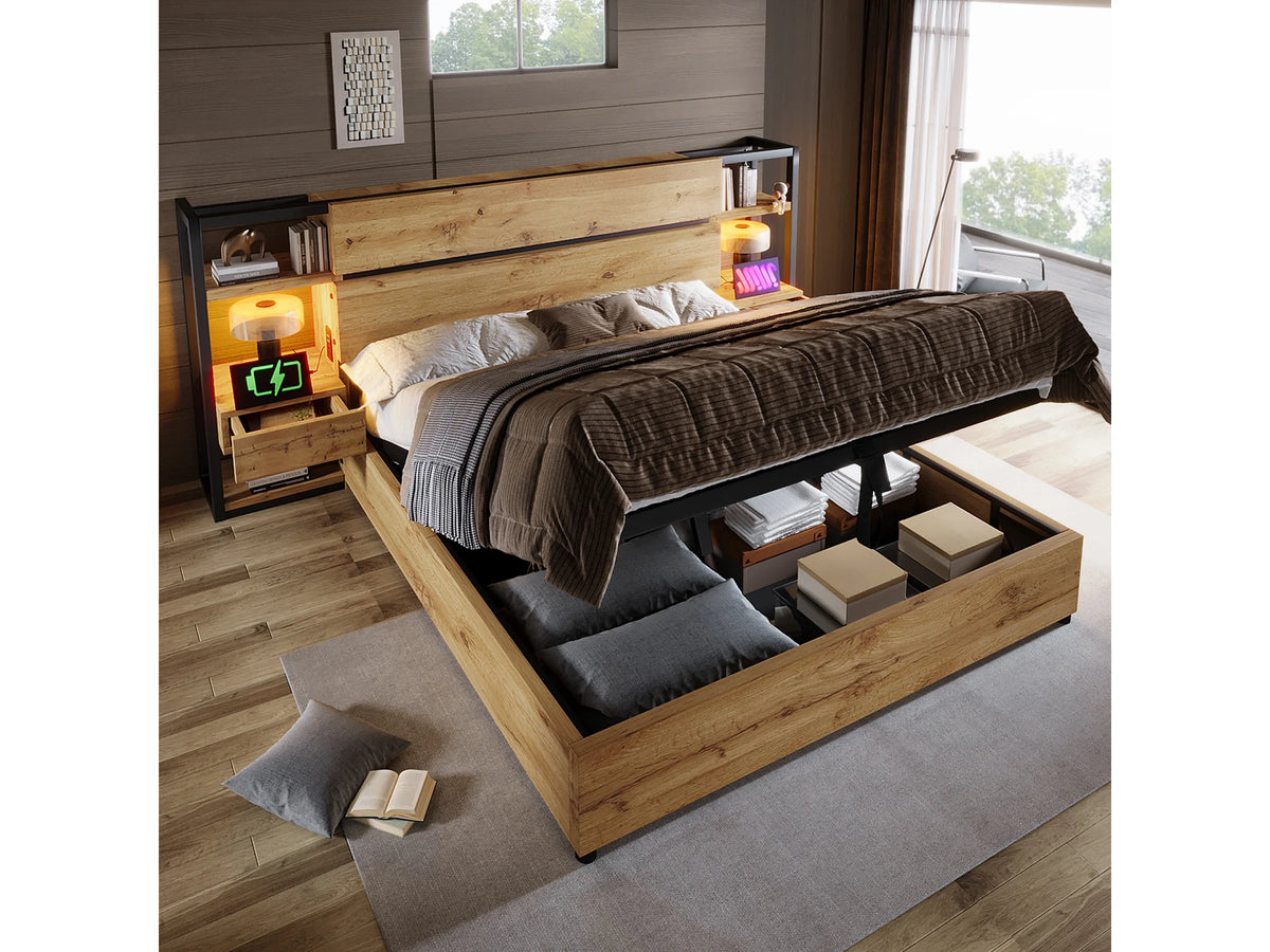 Lit Coffre 180x200 Bois Marron avec Tiroirs et Port USB — vue 2